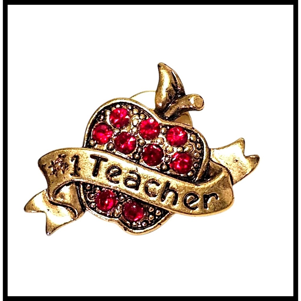 Avon #1 Teacher Apple Pin Brooch‎ Red Rhinestone Gold Tone Lapel Gift